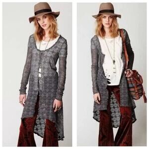 Free People Beach Love Song Crochet Duster Cardigan Size XS Gray Button Front